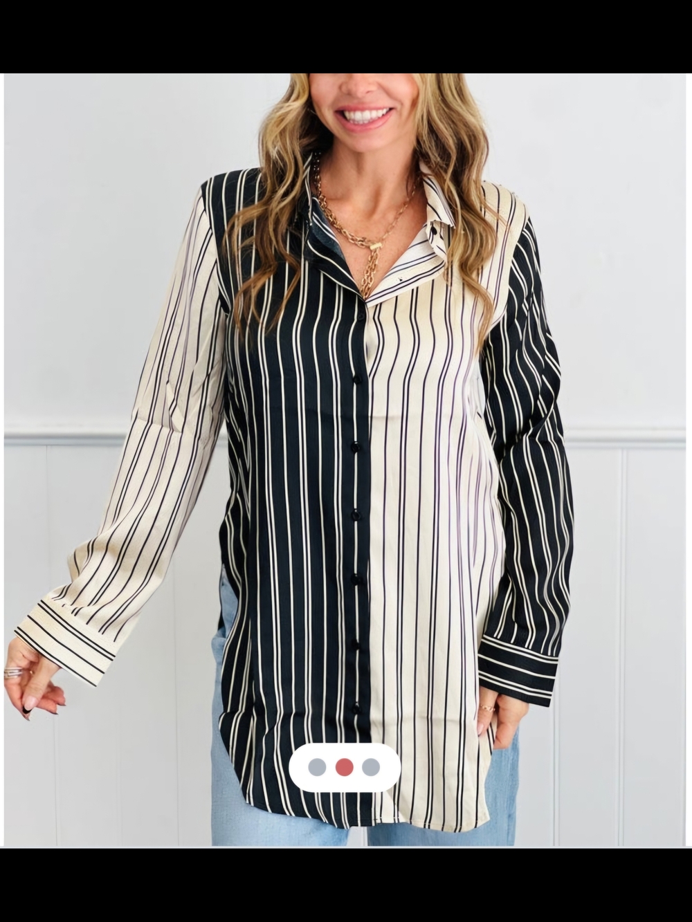 New Hers & Mine Striped Two-Tone Button-Up Shirt - Black & Cream Size Medium